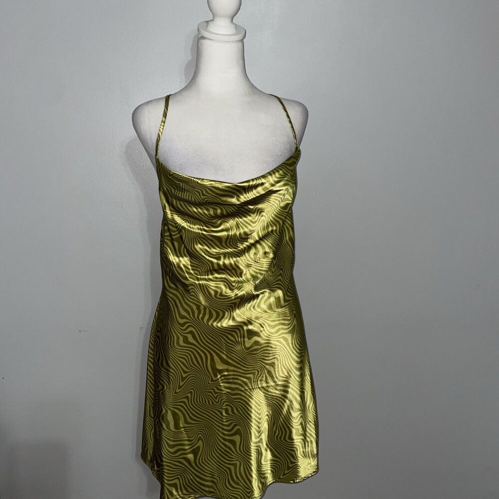 H&M Divided Womens M Green Swirl Satin Slip Dress Cowl Back Mini Y2K NWT